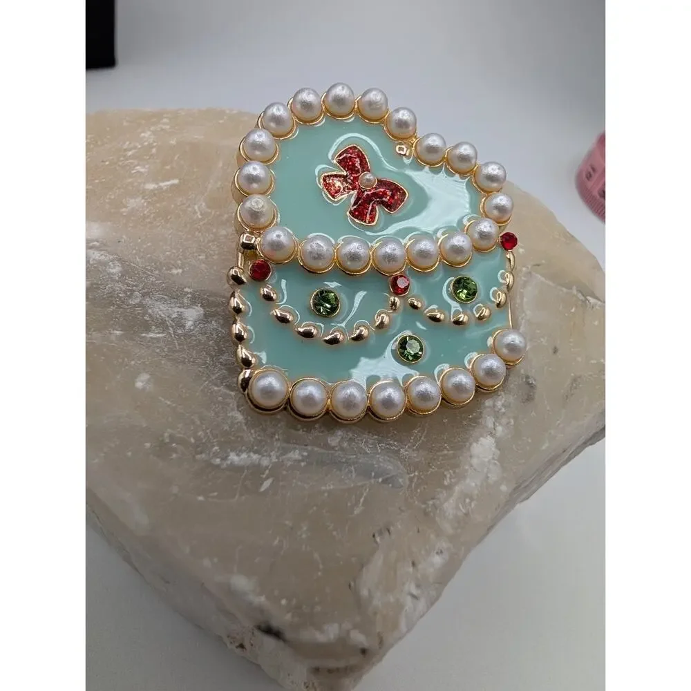 Elegant Mint Green Heart Cake Shaped Pin Brooch Faux Pearl Rhinestone Gold Tone